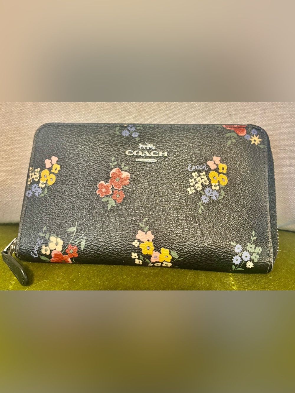 COACH Black Floral Appliqué Wallet with Pink, Yellow & Orange Blooms